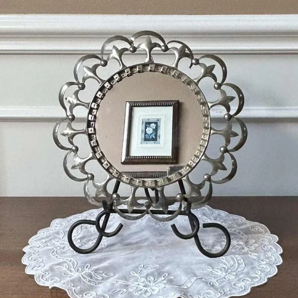 Vintage Mexican tin framed round wall mirror